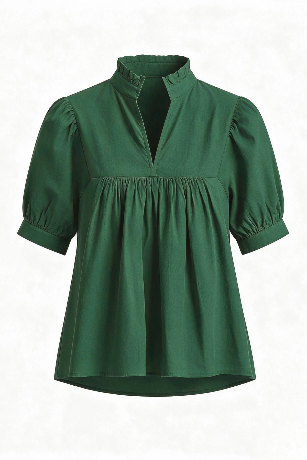 Womens Dark Green Puff Sleeve V Neck Blouse | CicyBell