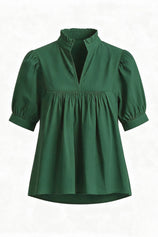 Womens Dark Green Puff Sleeve V Neck Blouse | CicyBell