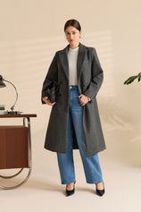 Womens Dark Grey Long Pea Lapel Work Overcoat | Cicy Bell