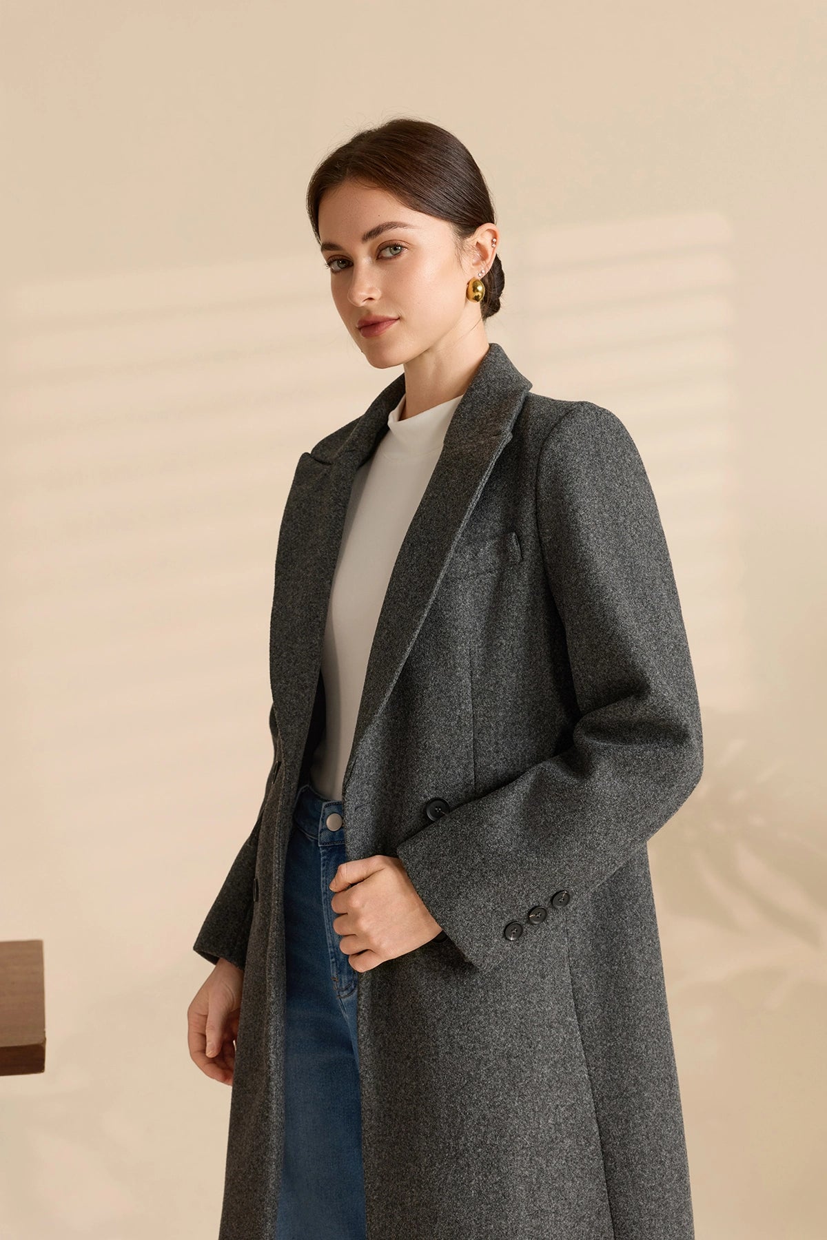 Womens Dark Grey Long Pea Lapel Work Overcoat | Cicy Bell