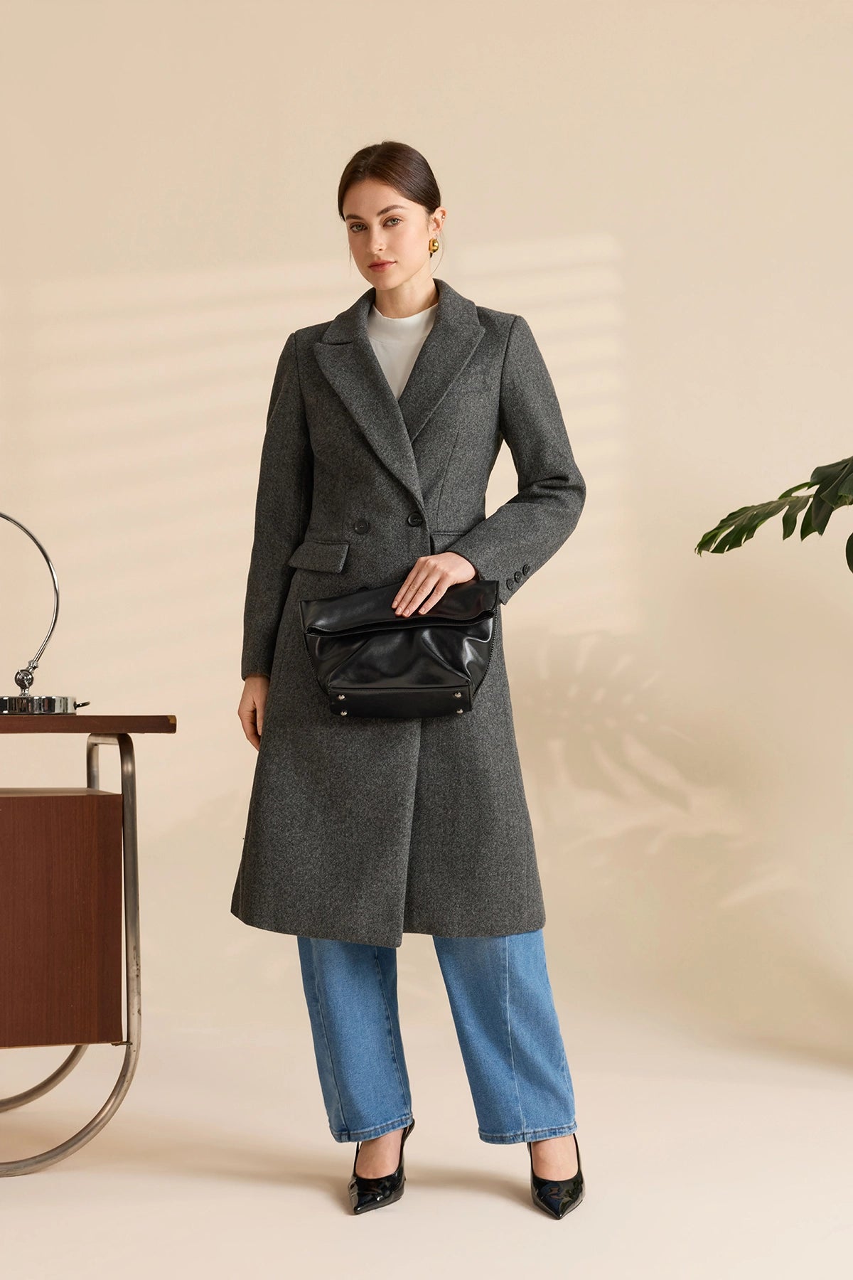 Womens Dark Grey Long Pea Lapel Work Overcoat | Cicy Bell