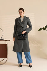 Womens Dark Grey Long Pea Lapel Work Overcoat | Cicy Bell