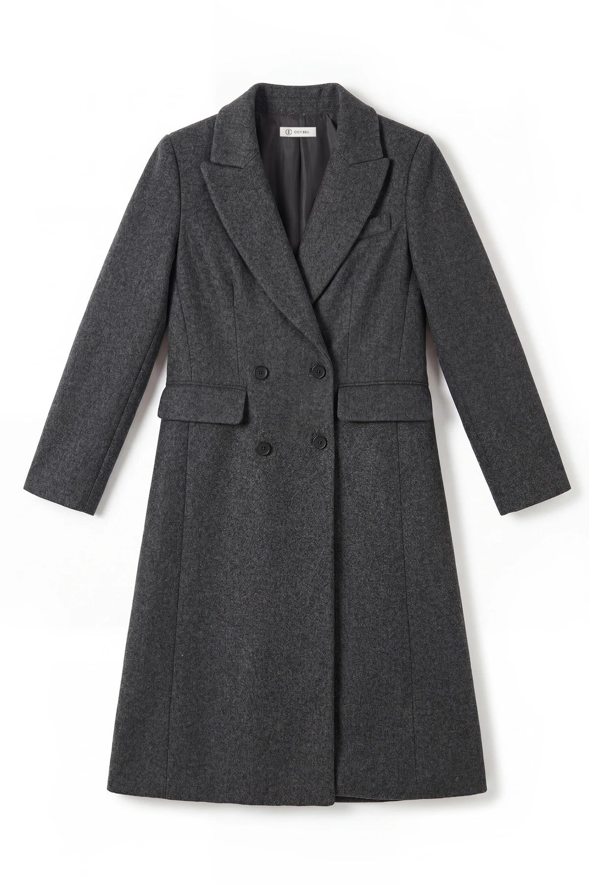Womens Dark Grey Long Pea Lapel Work Overcoat | Cicy Bell
