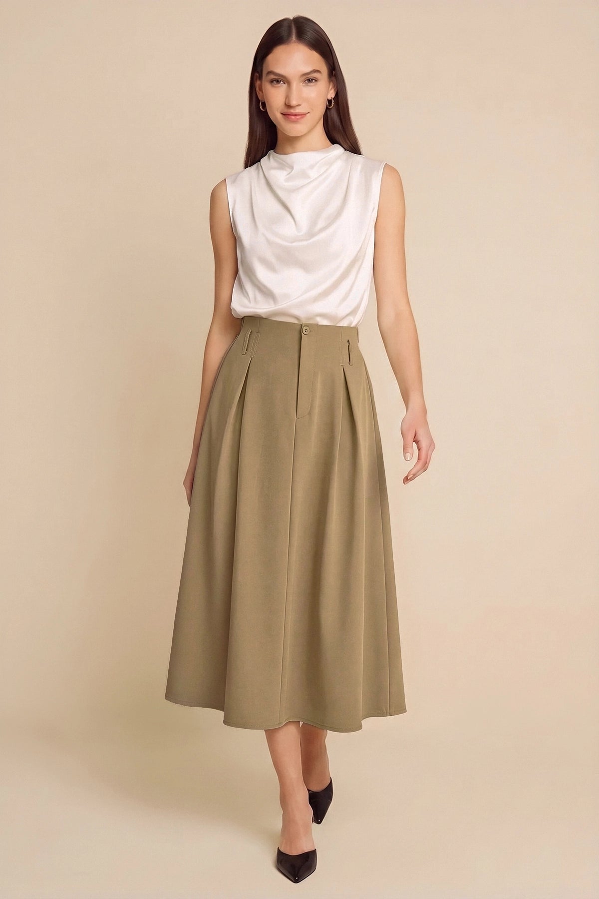 Women Dark Khaki Pleated Midi Skirt | CicyBell