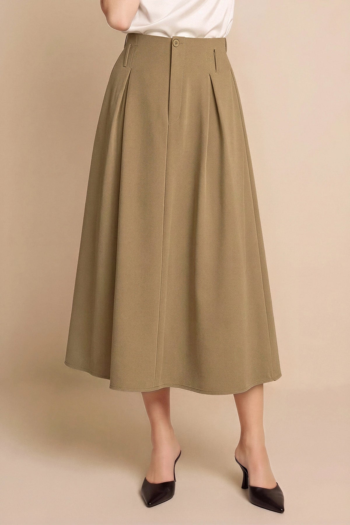 Women Khaki Pleated Midi Skirt | CicyBell