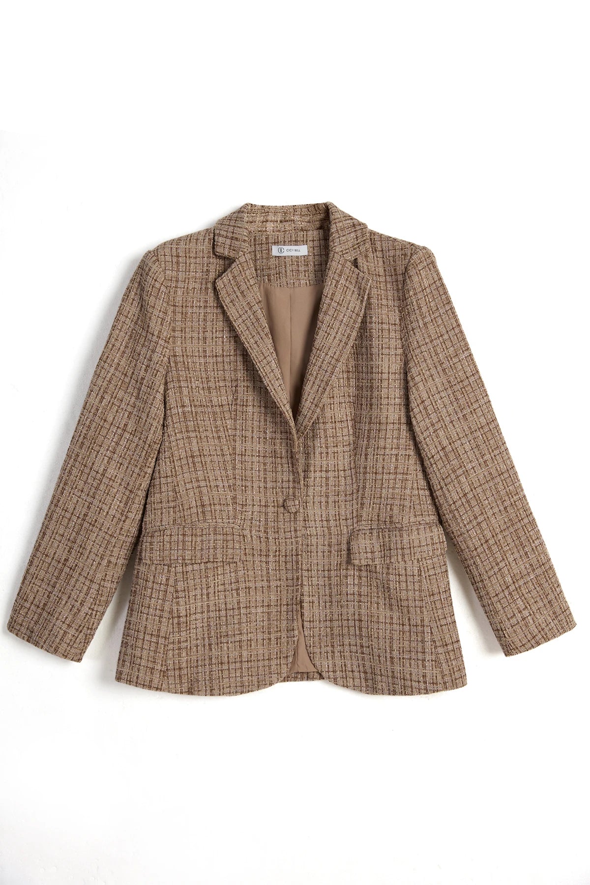 Womens Dark Khaki Plaid Tweed Blazer Jacket | CicyBell