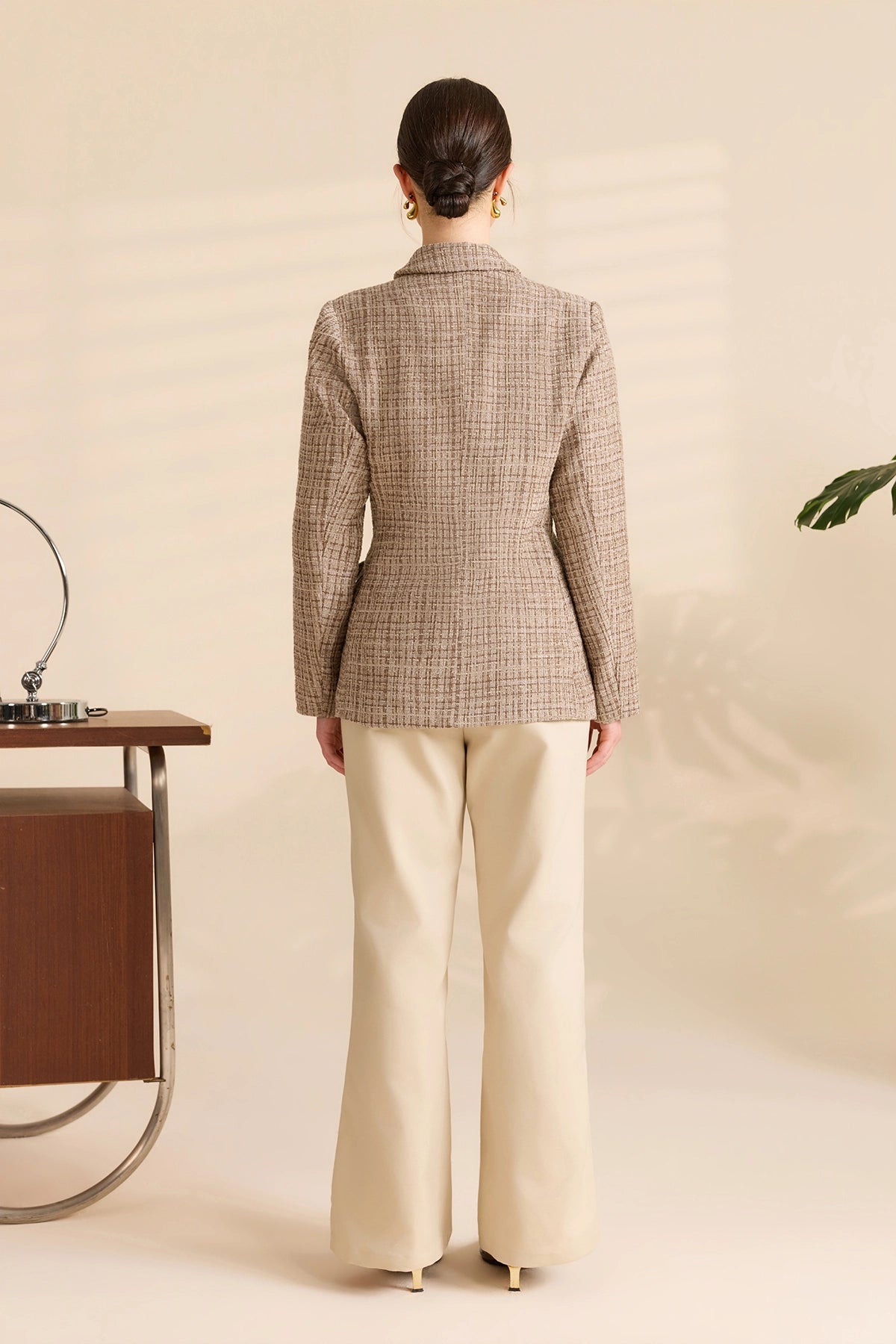 Womens Dark Khaki Plaid Tweed Blazer Jacket | CicyBell