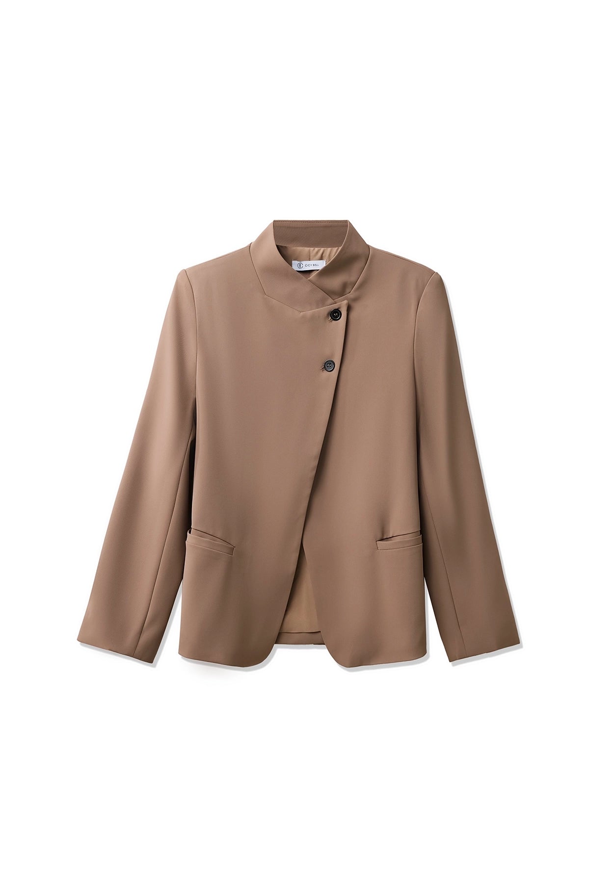 Womens Dark Khaki Casual Stand Collar Blazer | CicyBell