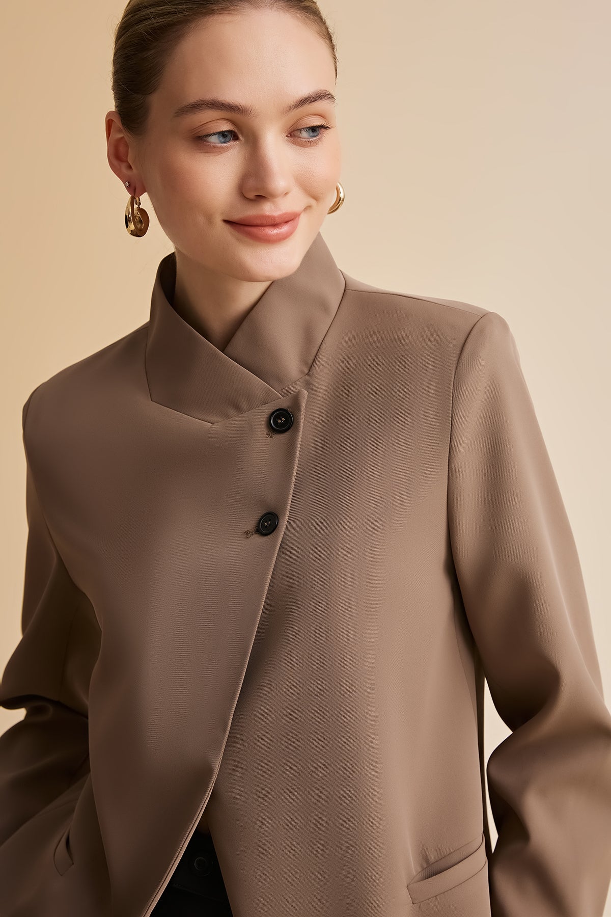 Womens Dark Khaki Casual Stand Collar Blazer | CicyBell