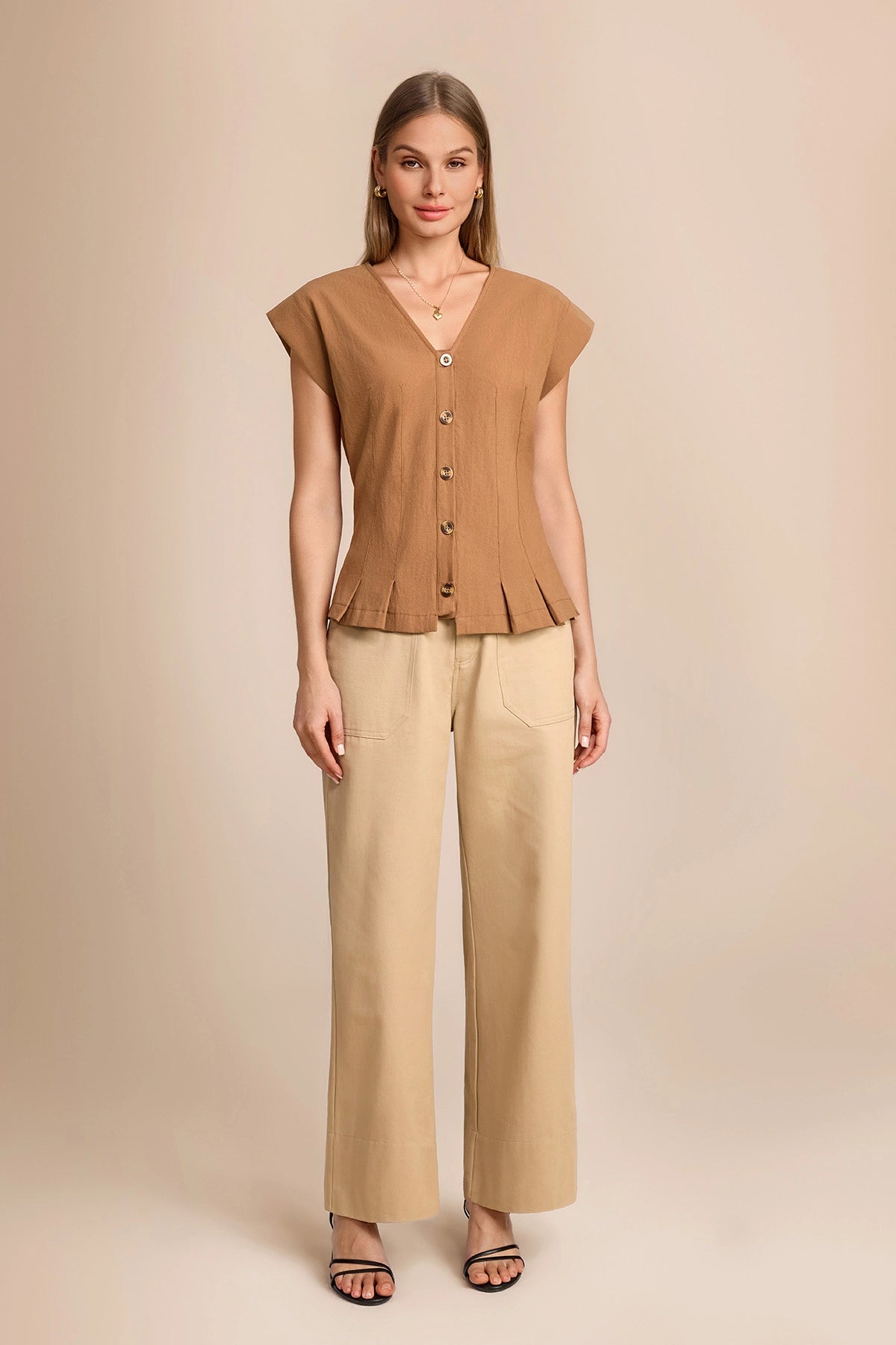 Womens Dark Khaki Deep V Neck Vest | CicyBell