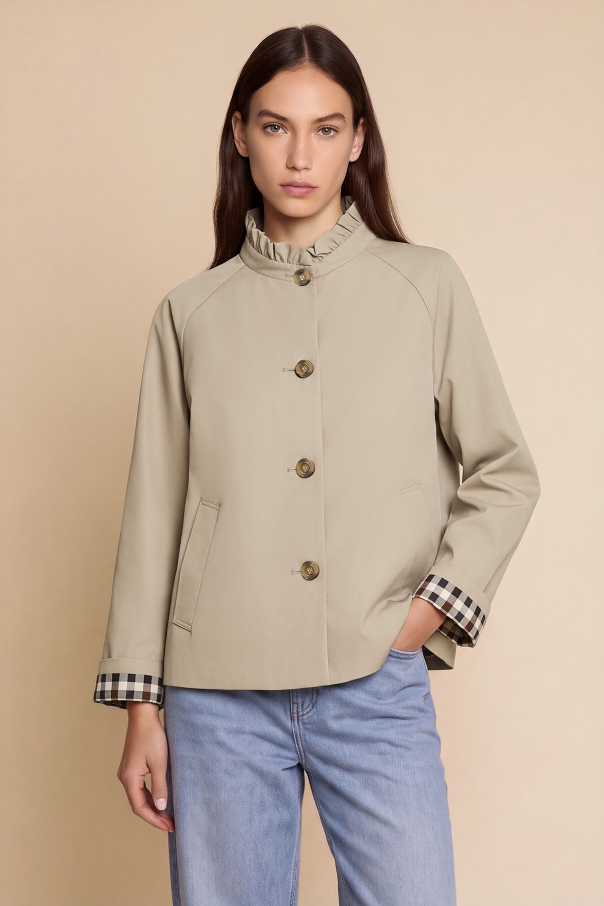 Womens Dark Khaki Ruffle Short Trench Coat | CicyBell