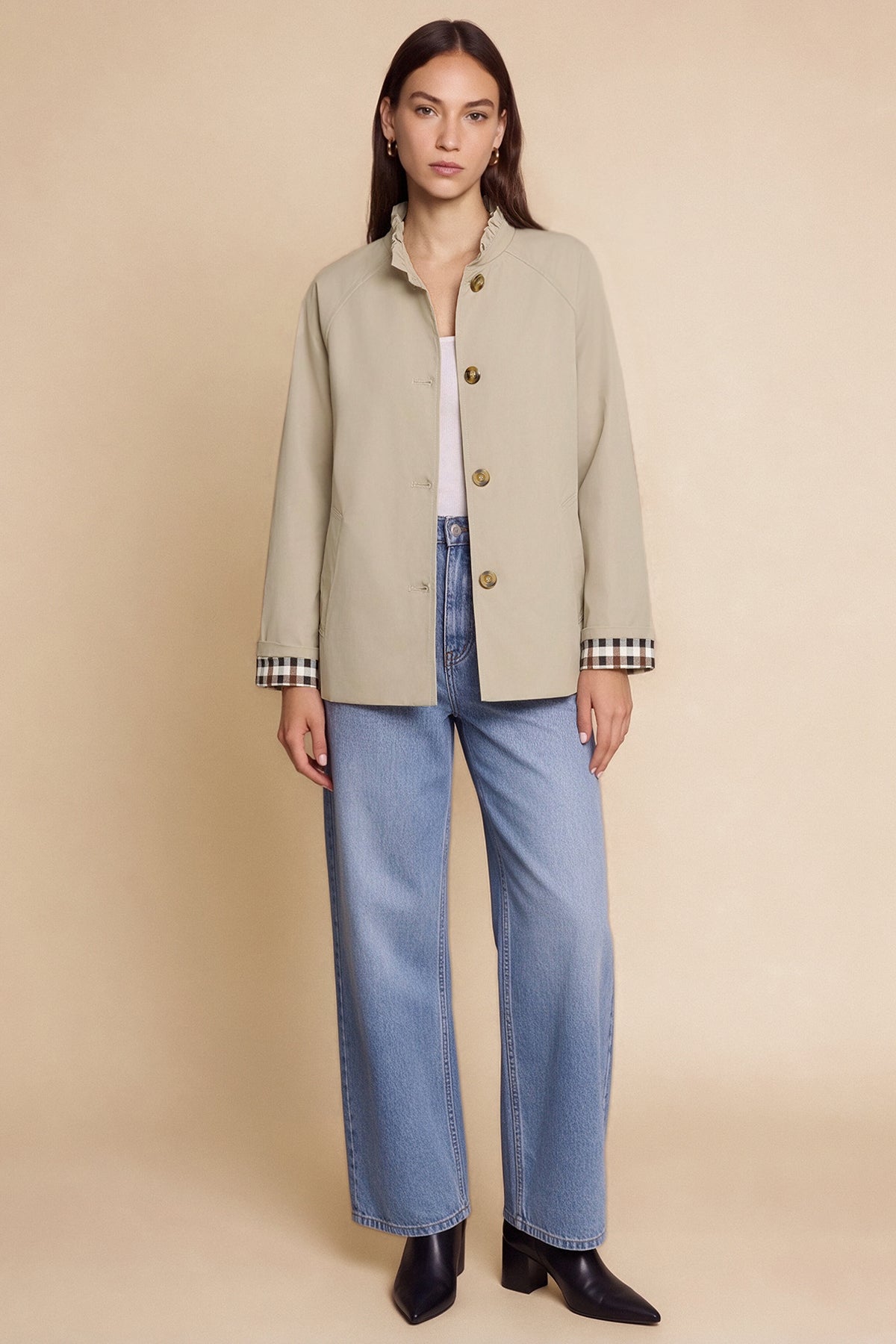 Womens Dark Khaki Ruffle Short Trench Coat | CicyBell