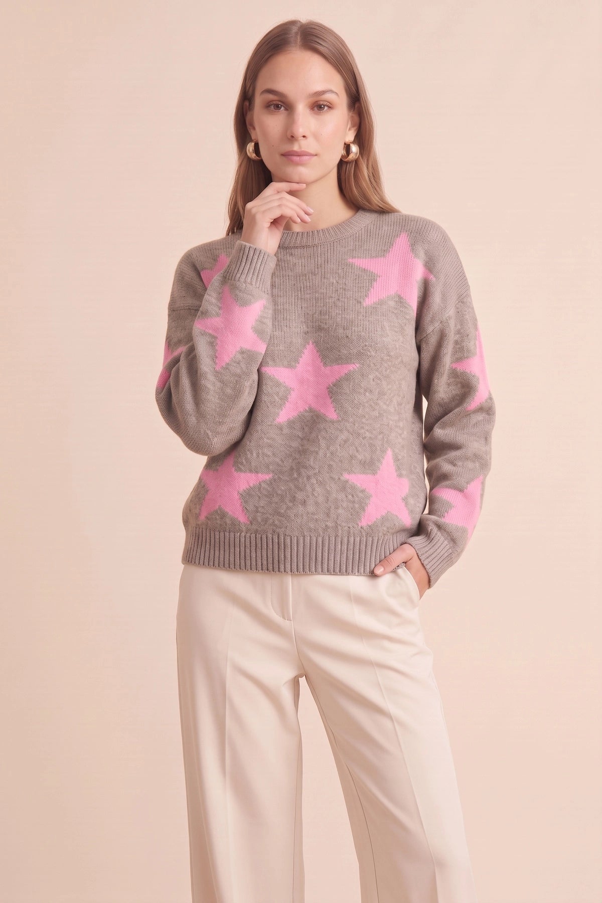 Womens Dark Khaki Star Pattern Pullover Sweater | CicyBell