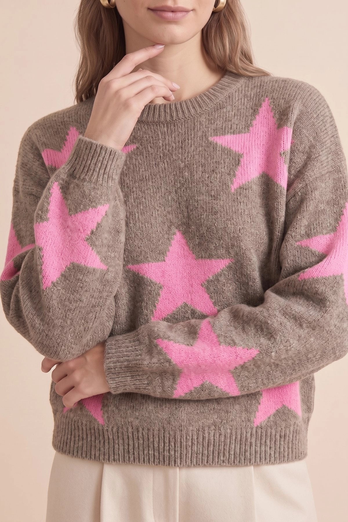 Womens Dark Khaki Star Pattern Pullover Sweater | CicyBell