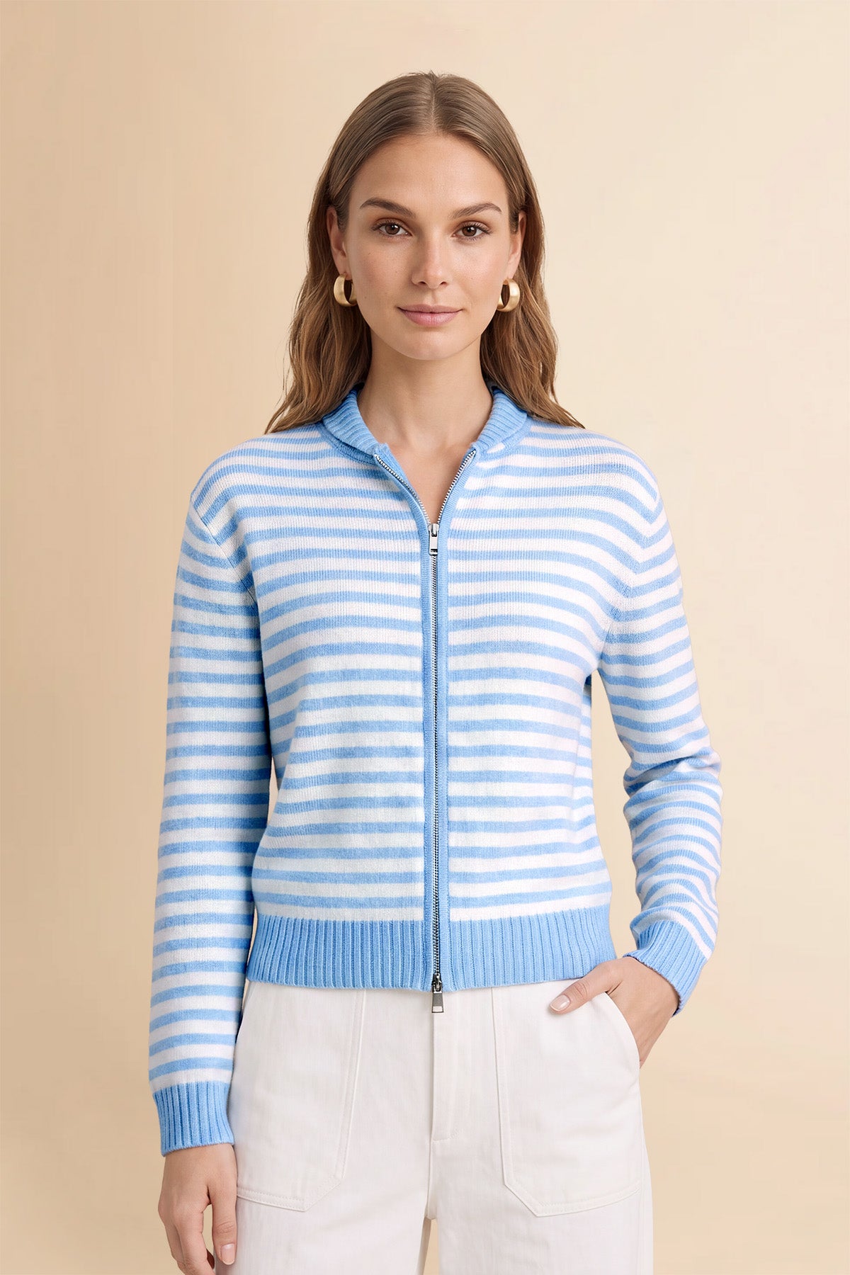 Womens Light Blue Striped Cardigan Sweaters | CicyBell