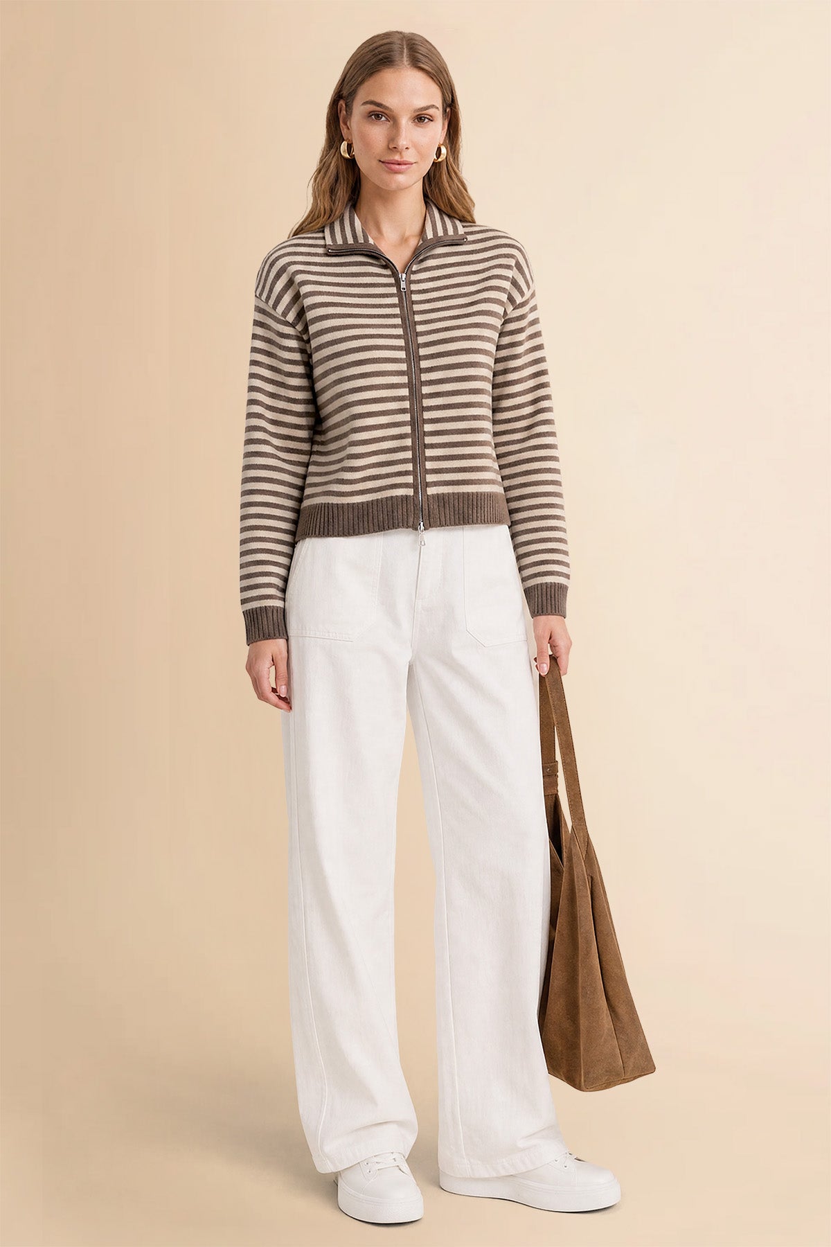 Womens Deep Coffee Striped Cardigan Sweaters | CicyBell