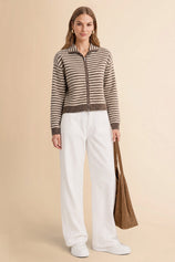 Womens Deep Coffee Striped Cardigan Sweaters | CicyBell