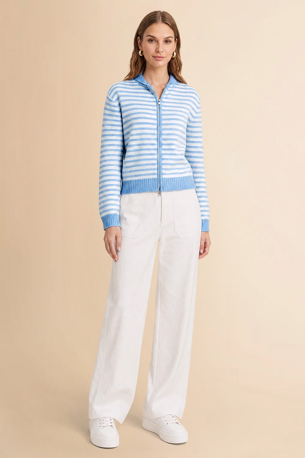 Womens Light Blue Striped Cardigan Sweaters | CicyBell