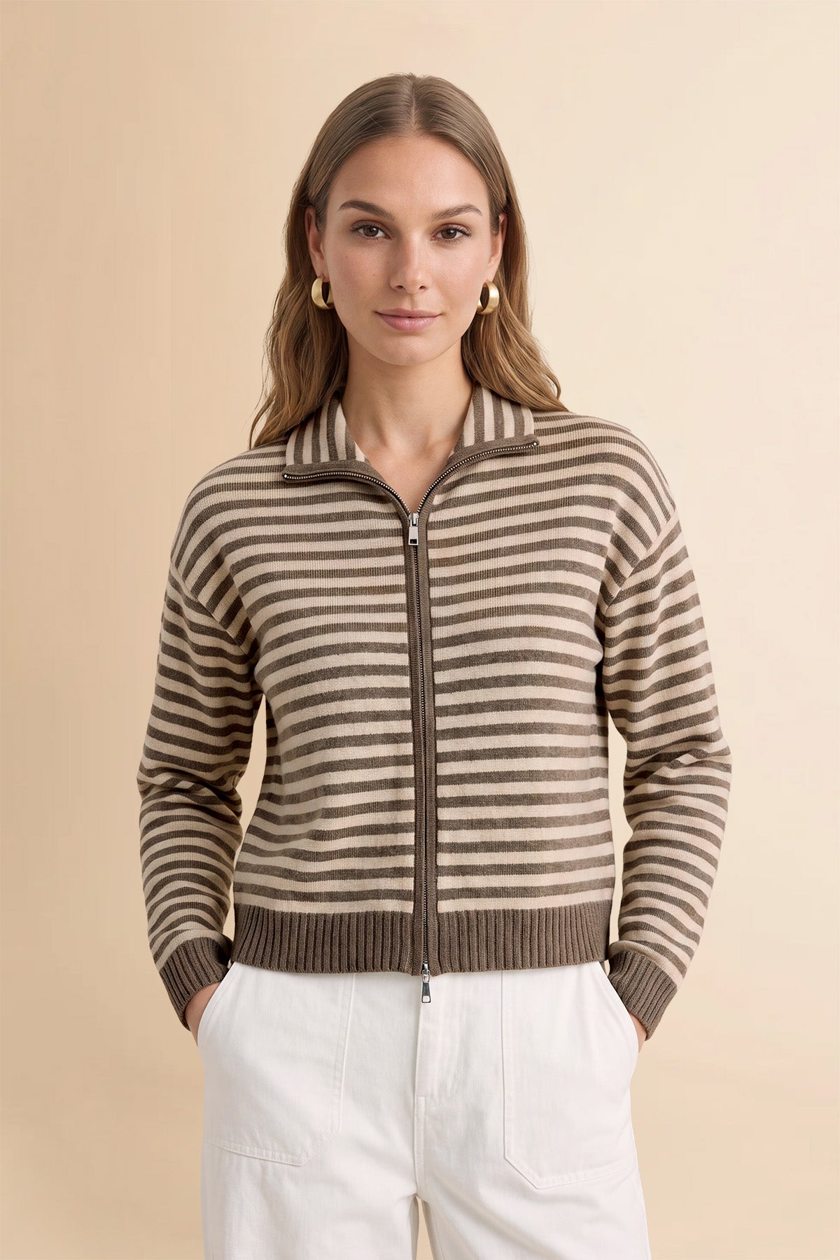 Womens Deep Coffee Striped Cardigan Sweaters | CicyBell