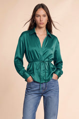 Womens Deep Green Satin Button Down Shirts | CicyBell