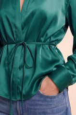 Womens Deep Green Satin Button Down Shirts | CicyBell