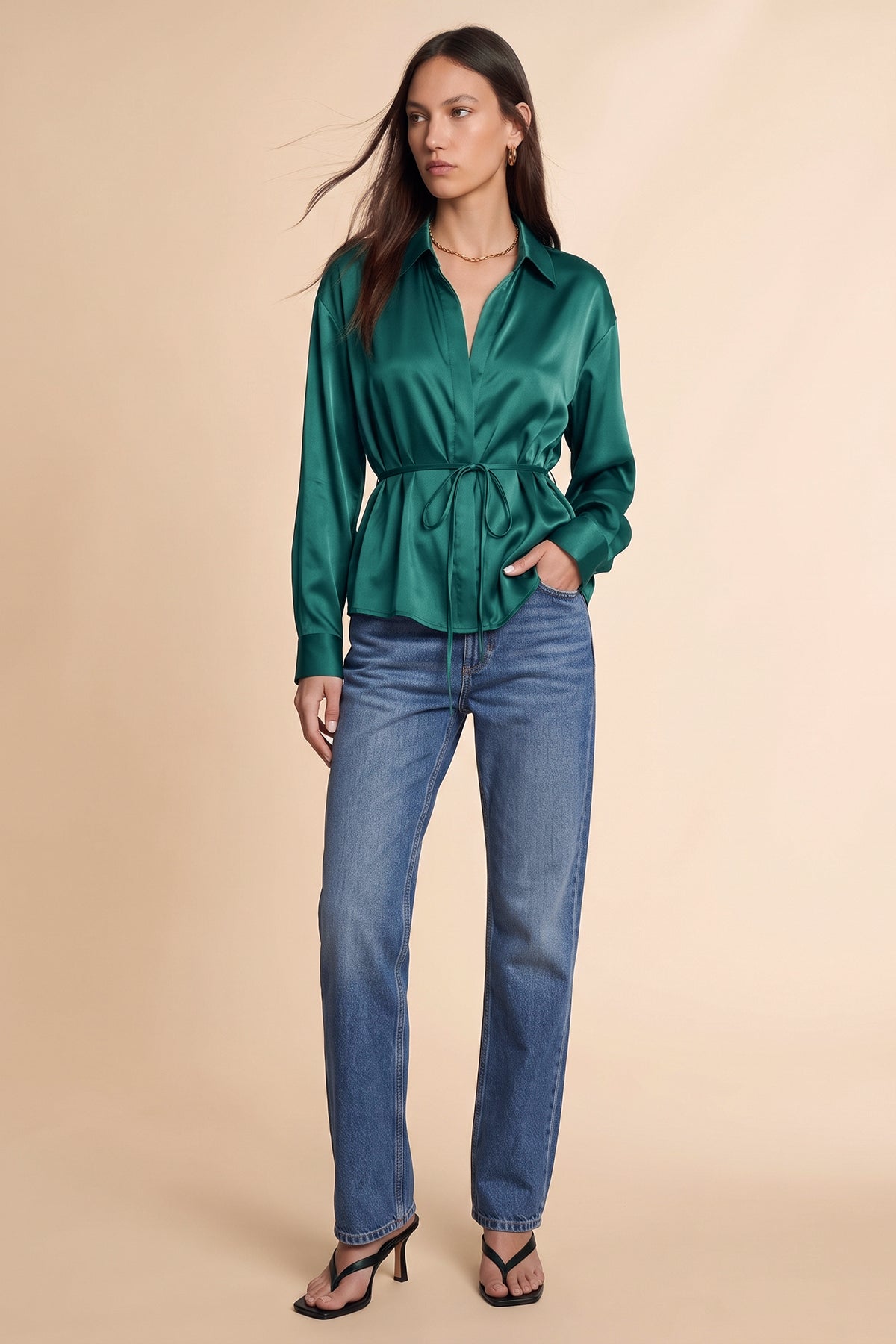 Womens Deep Green Satin Button Down Shirts | CicyBell