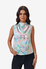 Womens Floral Light Green Mock Neck Satin Tank Tops | CicyBell