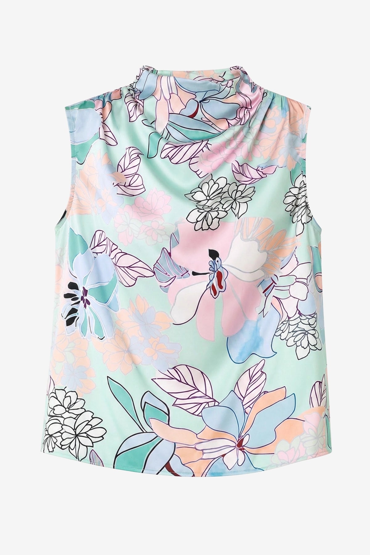 Womens Floral Light Green Mock Neck Satin Tank Tops | CicyBell
