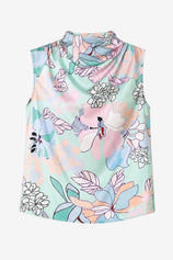 Womens Floral Light Green Mock Neck Satin Tank Tops | CicyBell