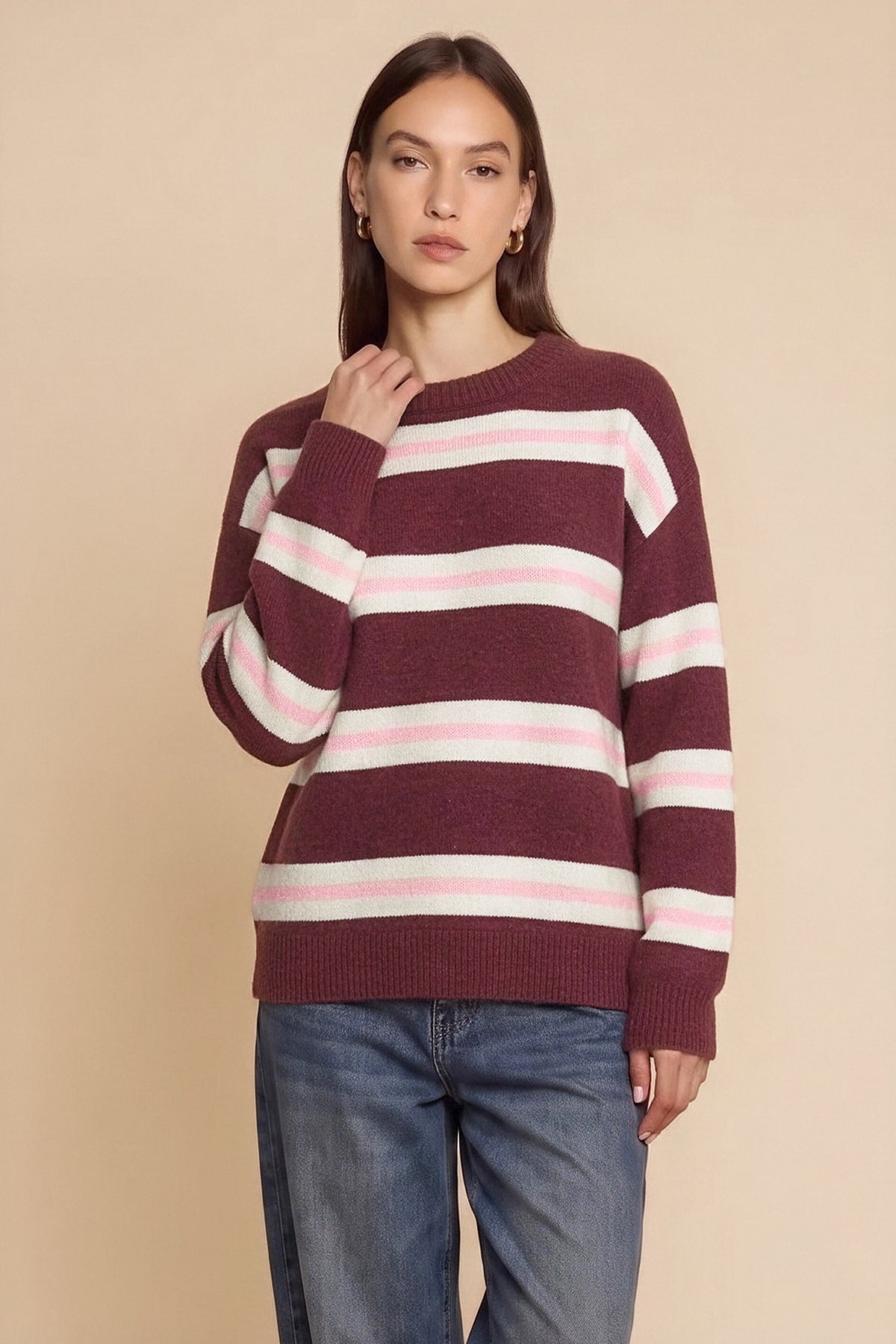 Womens Fuchsia Striped Pullover Sweater | CicyBell