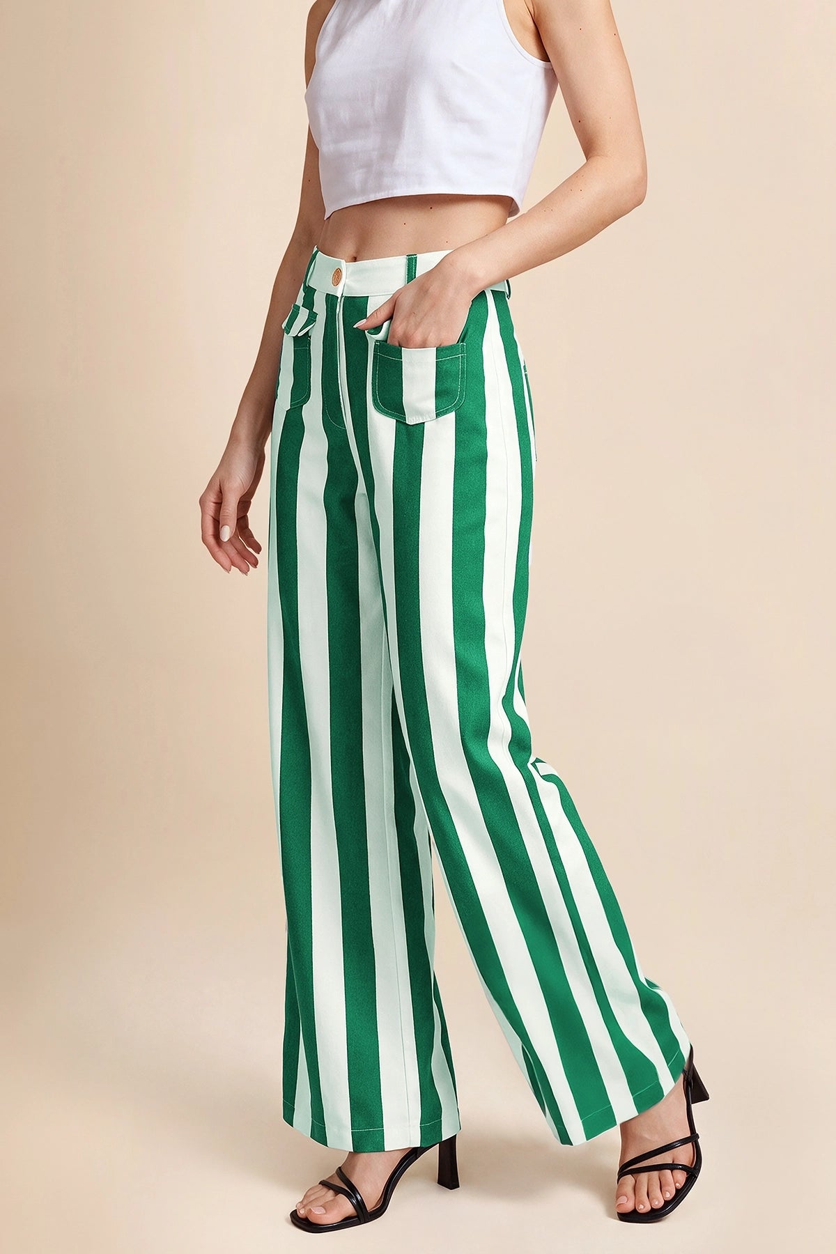 Womens Green Striped Wide Leg Jeans | CicyBell