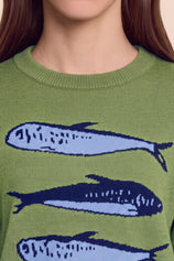 Womens Green Fish Graphic Knit Sweaters | CicyBell