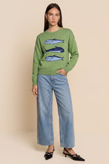 Womens Green Fish Graphic Knit Sweaters | CicyBell