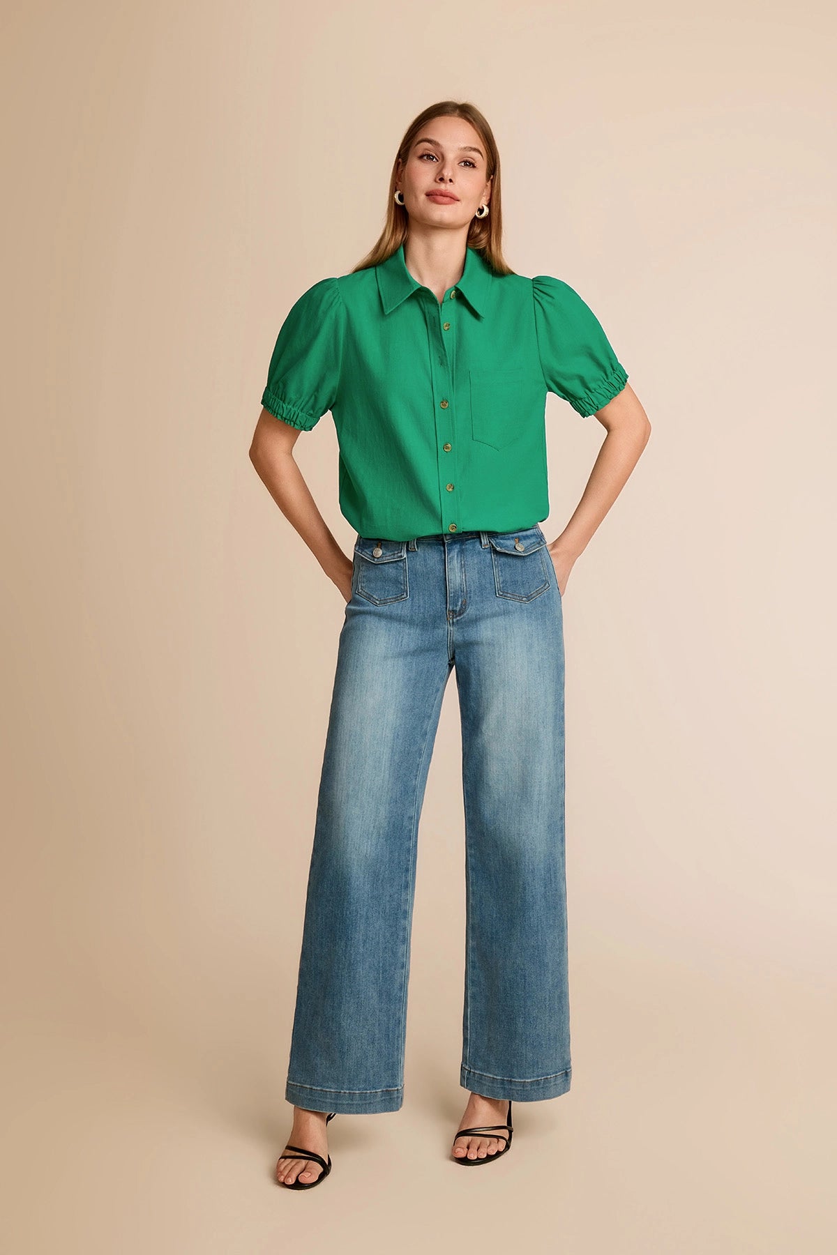 Womens Green Puff Short Sleeve Shirts | CicyBell