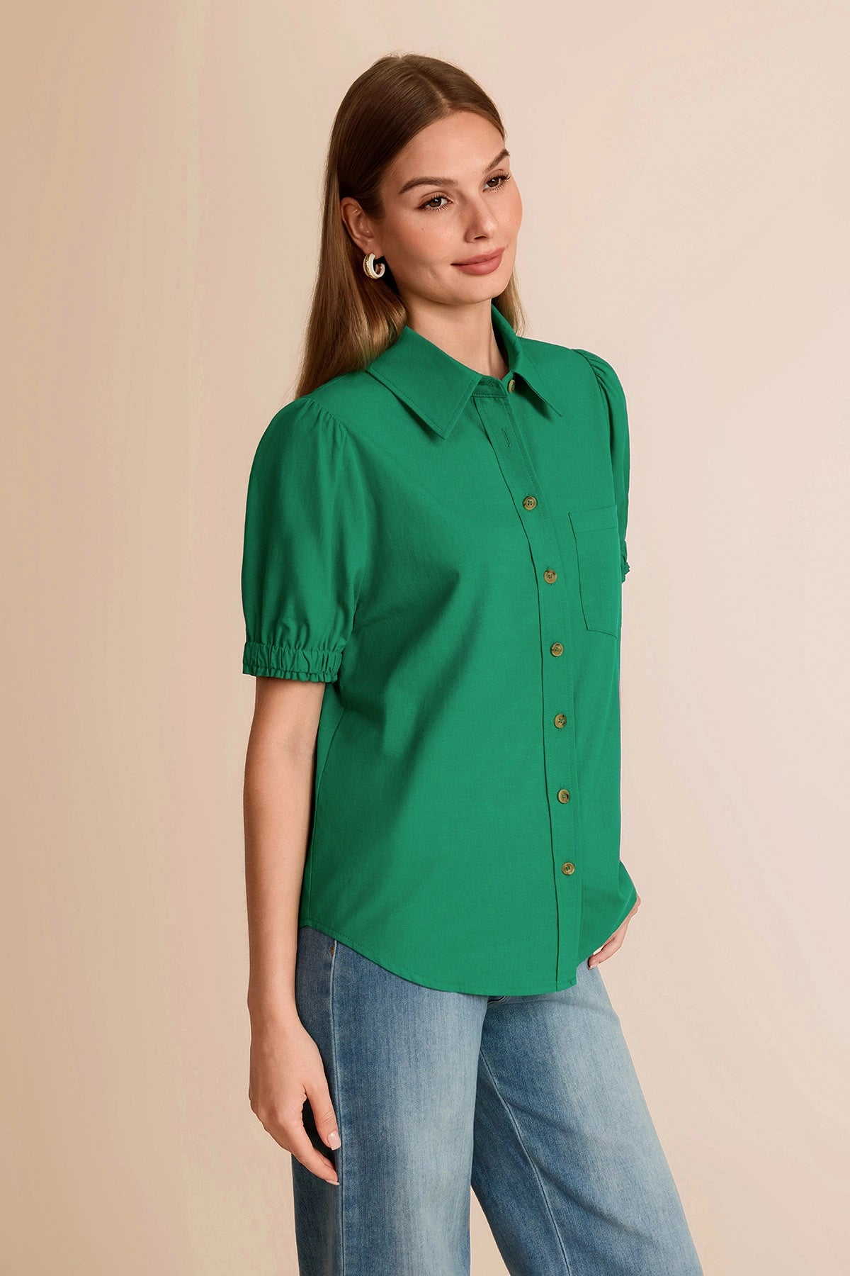 Womens Green Puff Short Sleeve Shirts | CicyBell