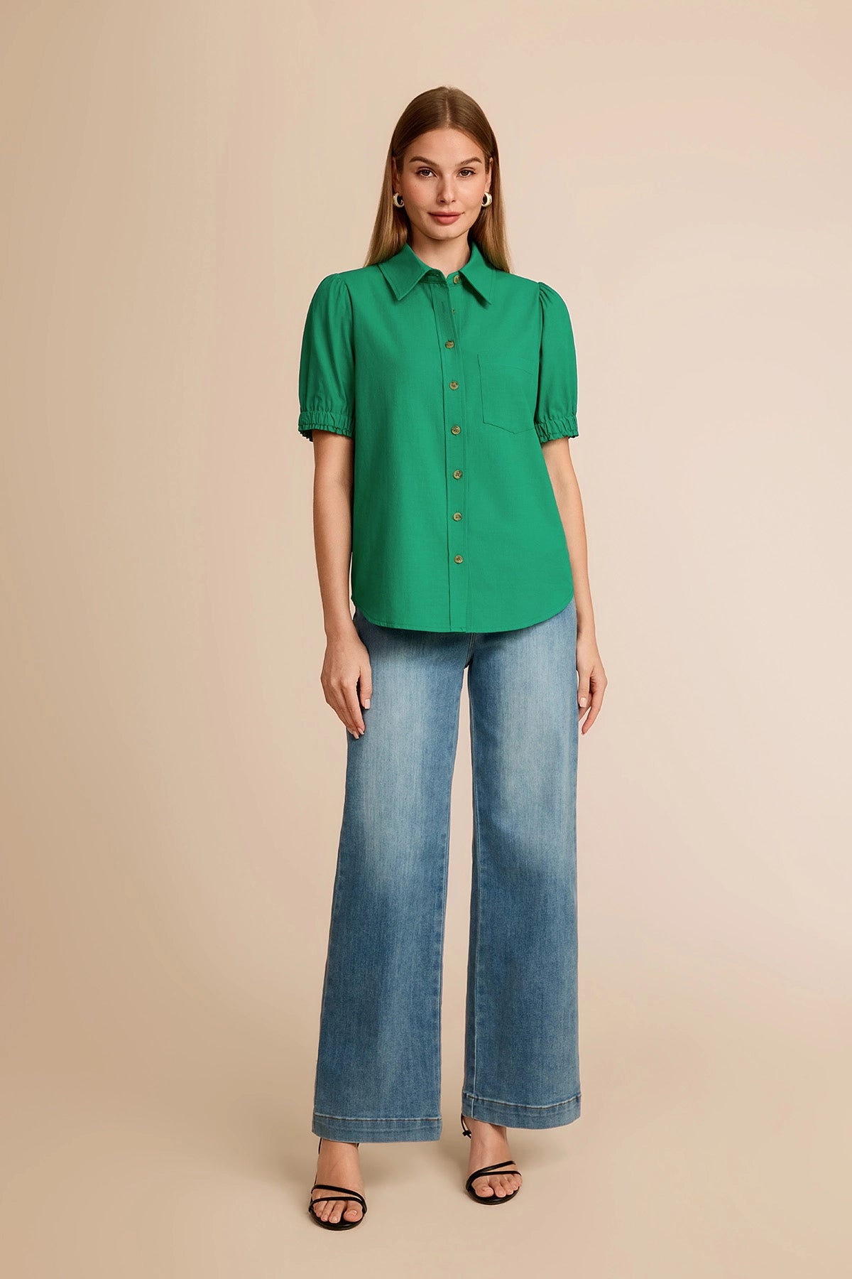 Womens Green Puff Short Sleeve Shirts | CicyBell