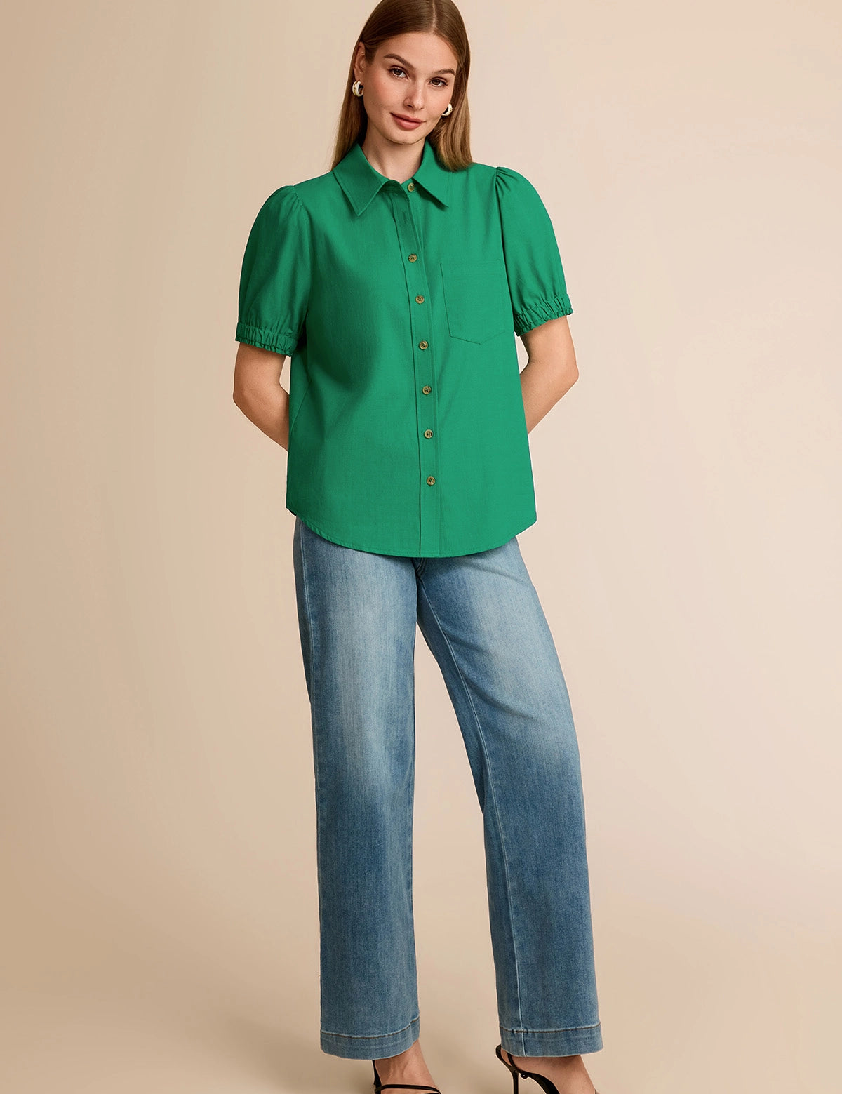 Summer 2026 smart casual outfit featuring a green puff sleeve blouse tucked into wide-leg denim jeans