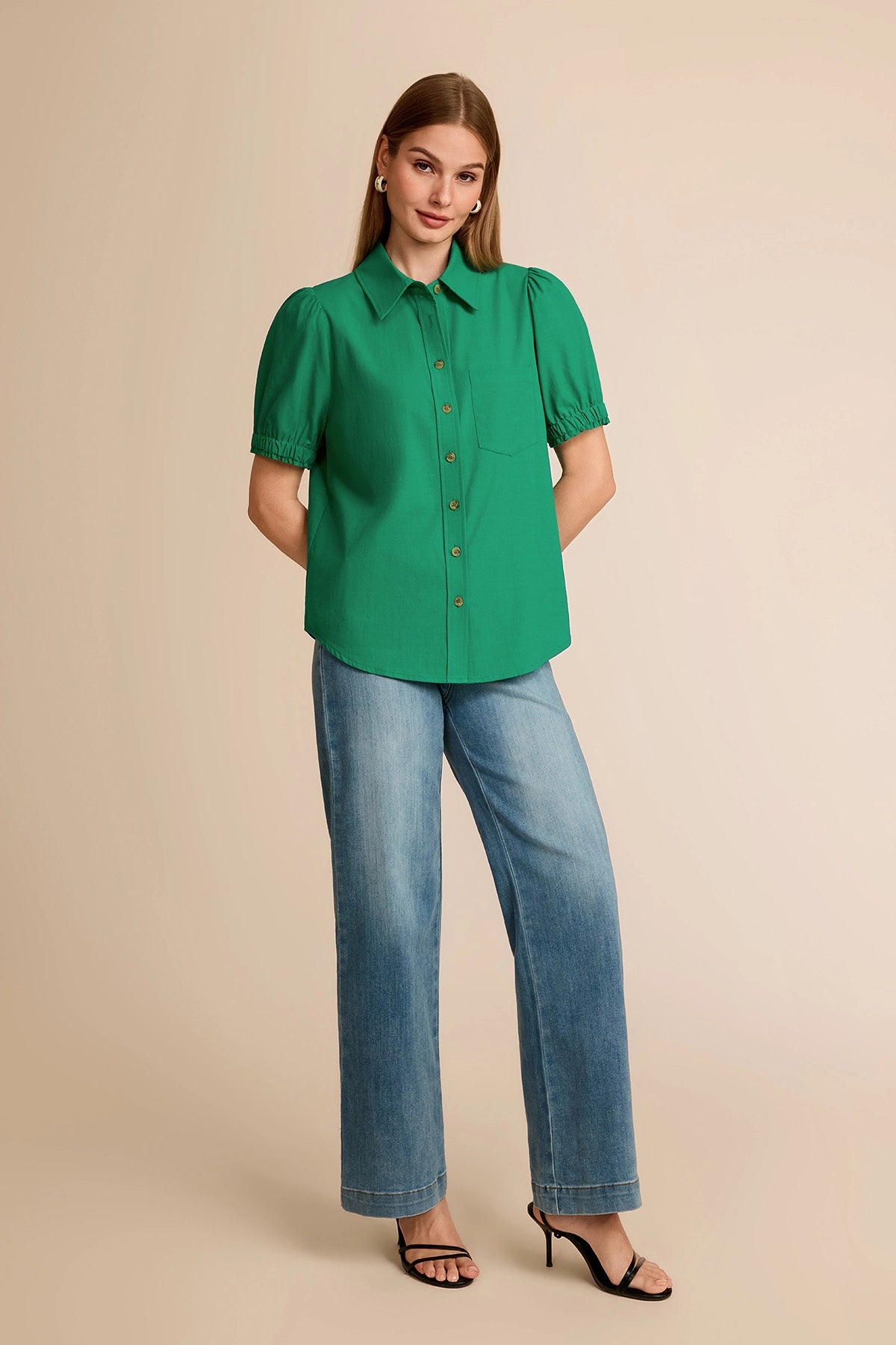 Summer 2026 smart casual outfit featuring a green puff sleeve blouse tucked into wide-leg denim jeans