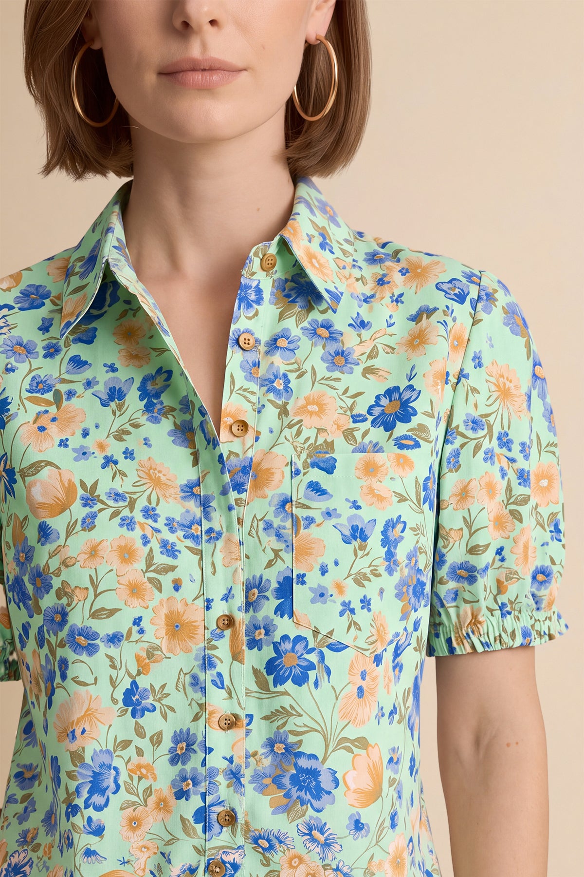 Womens Green Floral Printed Button Down Shirts | CicyBell