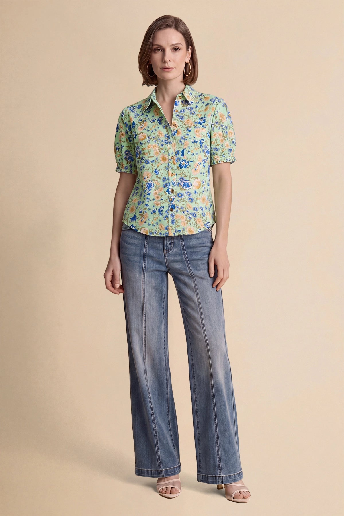 Womens Green Floral Printed Button Down Shirts | CicyBell