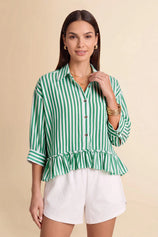 Cicy Bell Womens Green Ruffle Striped Shirts