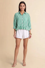 Cicy Bell Womens Green Ruffle Striped Shirts