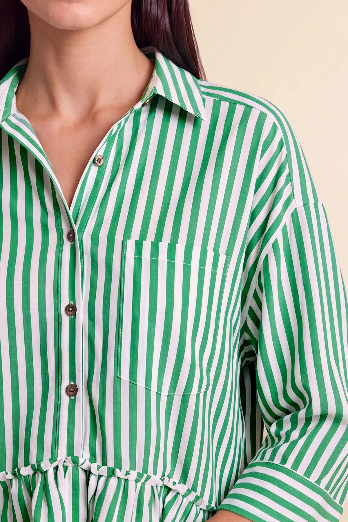 Cicy Bell Womens Green Ruffle Striped Shirts
