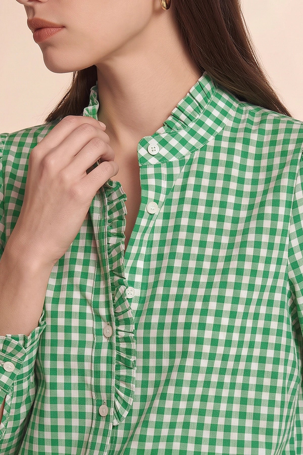 Womens Green Plaid Ruffle V-Neck Shirts | CicyBell
