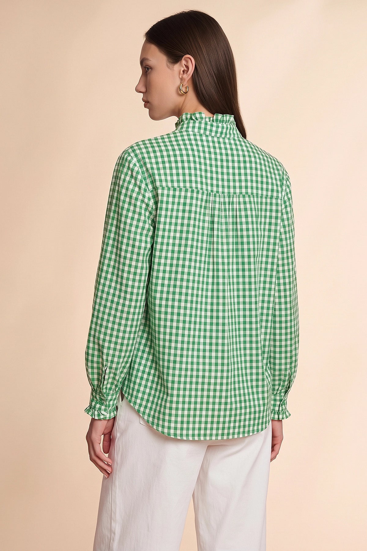 Womens Green Plaid Ruffle V-Neck Shirts | CicyBell