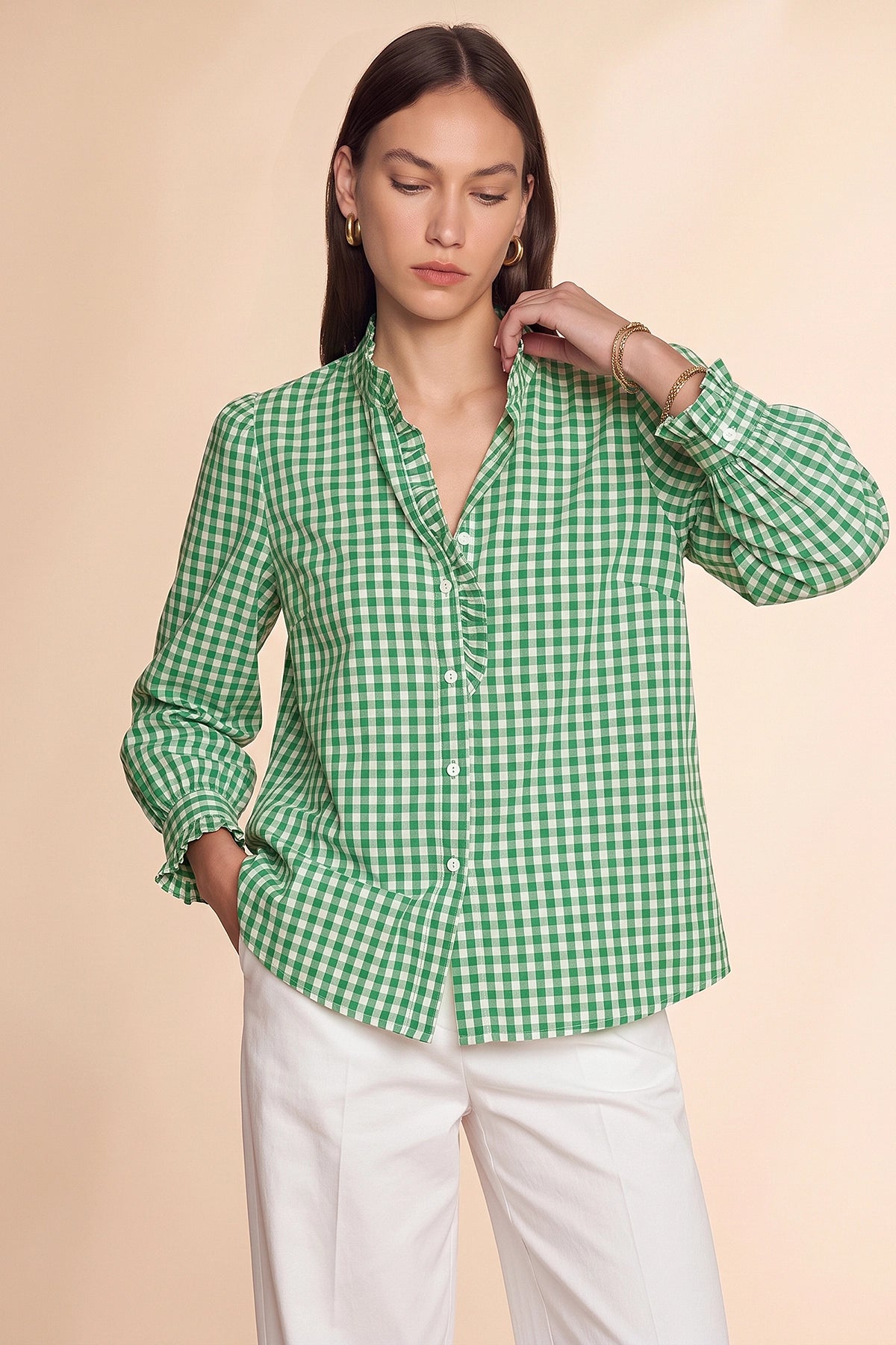 Womens Green Plaid Ruffle V-Neck Shirts | CicyBell