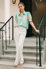 Womens Green Puff Sleeve Button Down Shirts | CicyBell