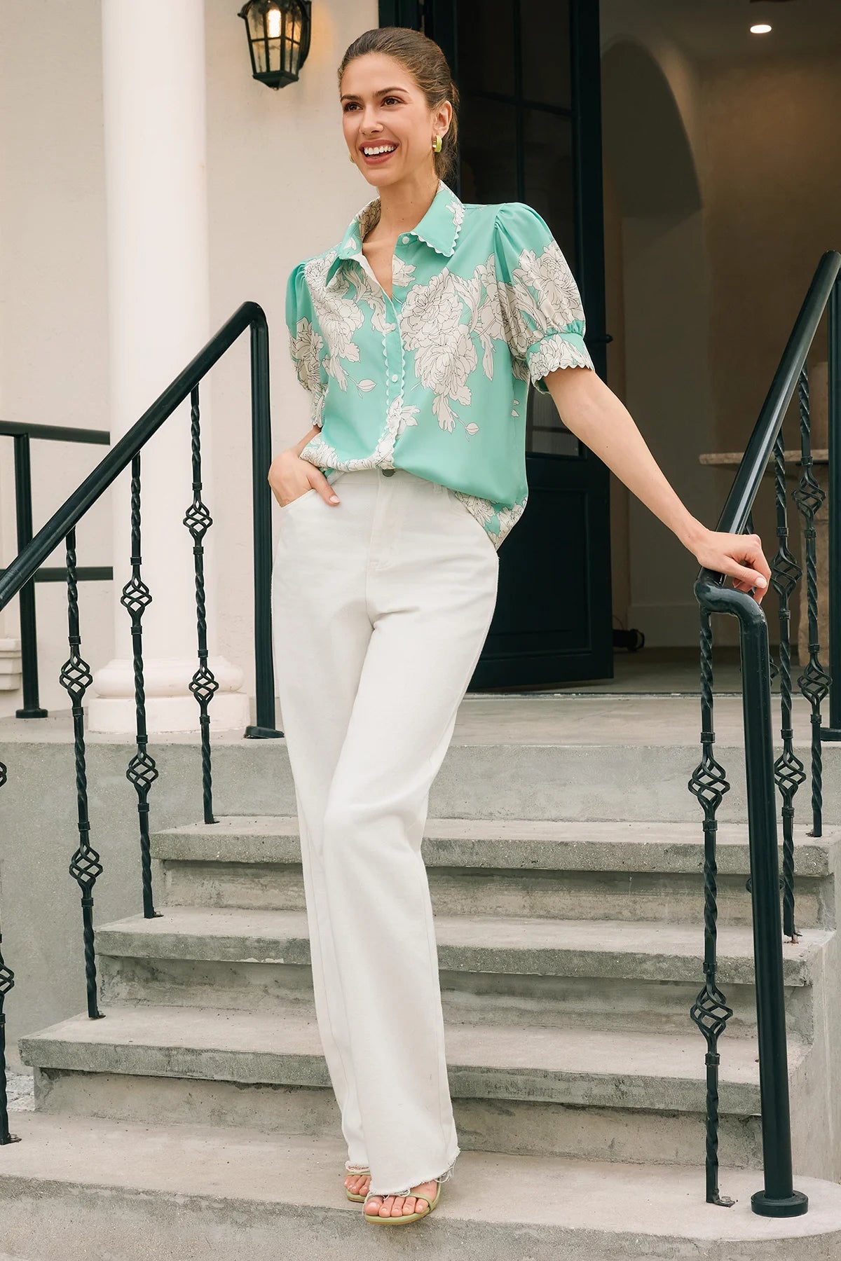 Womens Green Puff Sleeve Button Down Shirts | CicyBell