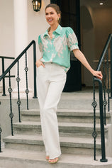 Womens Green Puff Sleeve Button Down Shirts | CicyBell