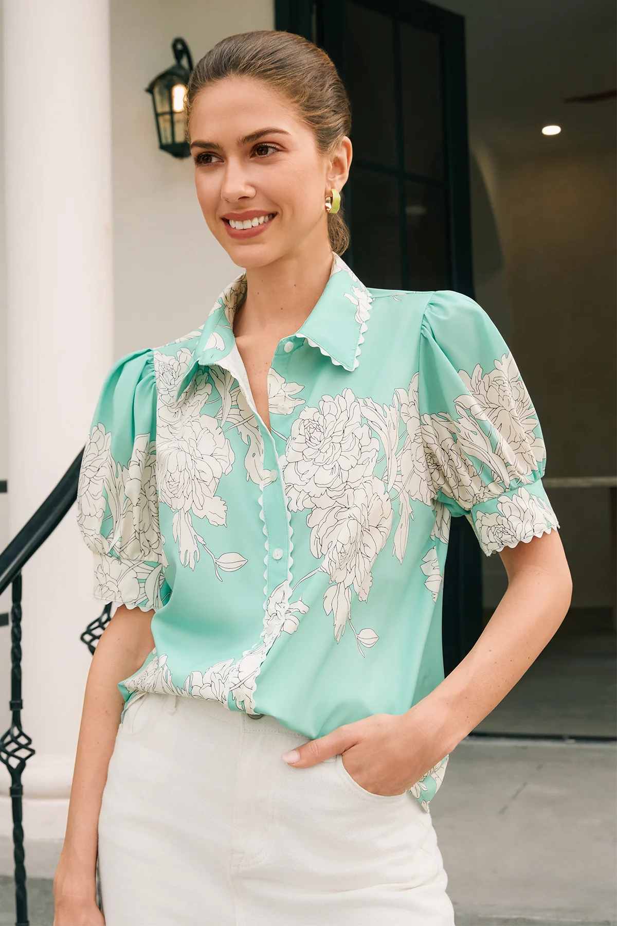 Womens Green Puff Sleeve Button Down Shirts | CicyBell